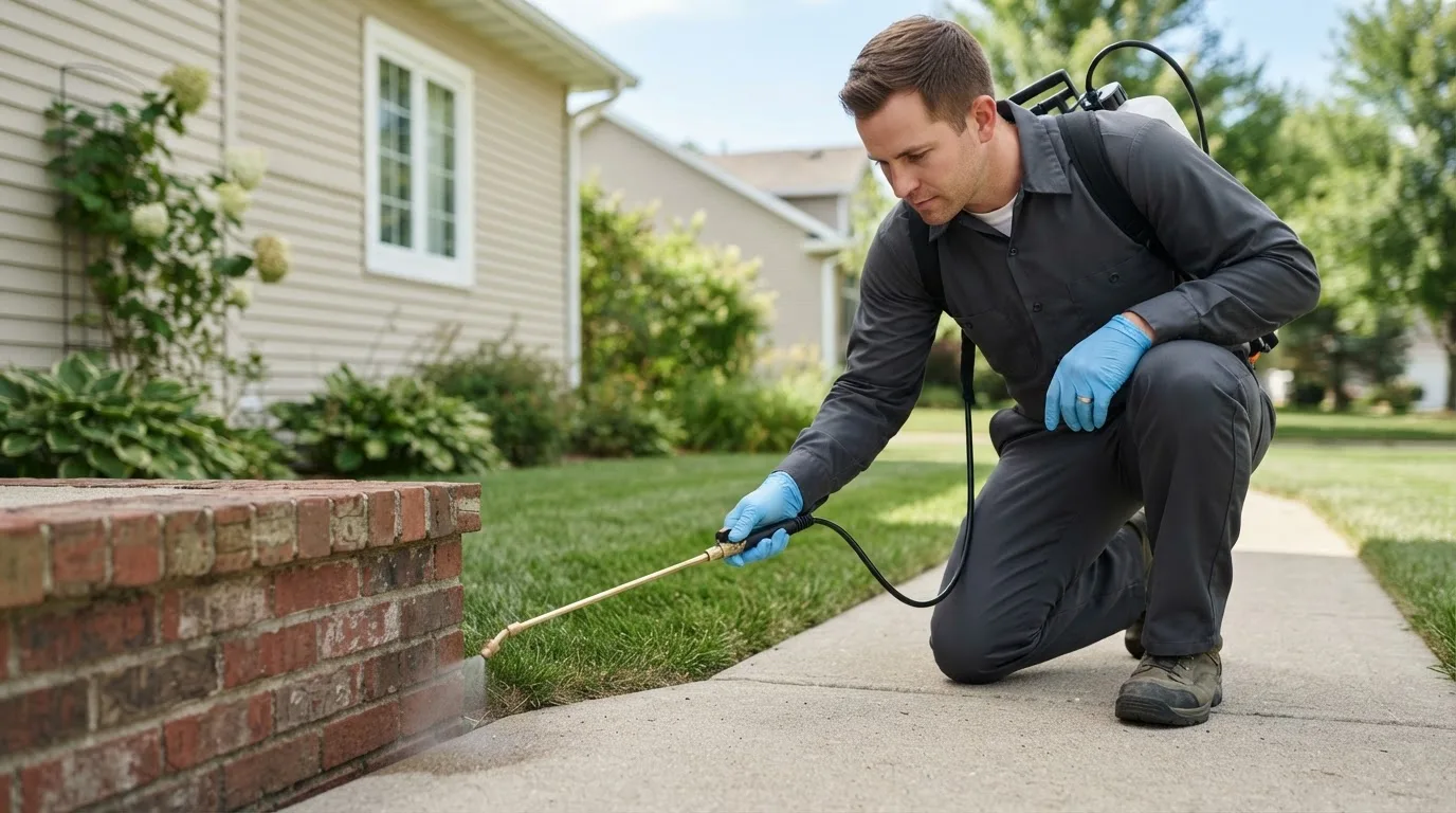 Pest control technician treating a home near West Concord, MN