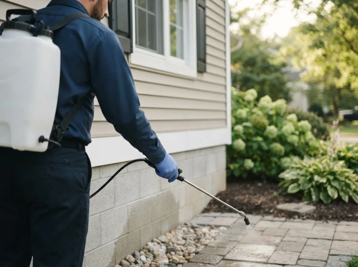 Pest control technician inspecting a home in West Concord, MN